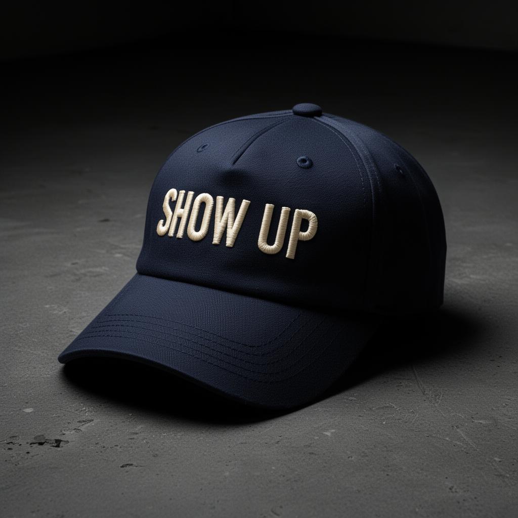 Navy structured 6-panel baseball cap with SHOW UP embroidered in cream across the front.