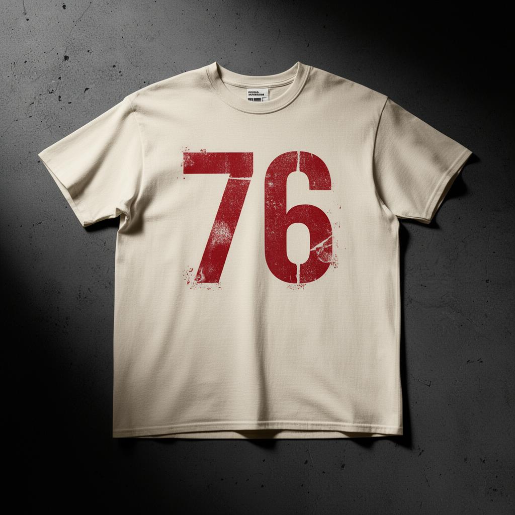 Cream heavyweight cotton t-shirt with a large distressed red 76 printed on the chest.