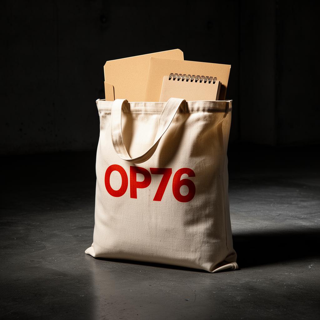 Natural canvas tote bag with OP1776 screenprinted in red on the front, a folder and notebook poking out.